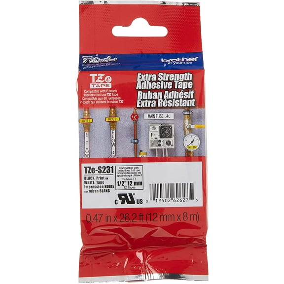 2 X Brother (TZES231) 1/2" (12mm) Black Print on White Extra Strength Adhesive P-touch Tape (2 of OEM TZES231)