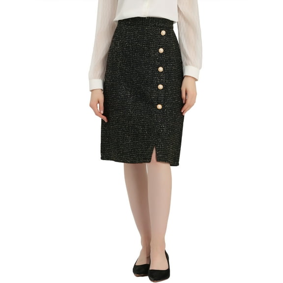 INSPIRE CHIC Women's Elegant Button Front Asymmetrical Slit Hem Plaid Tweed Midi Skirt Black XS