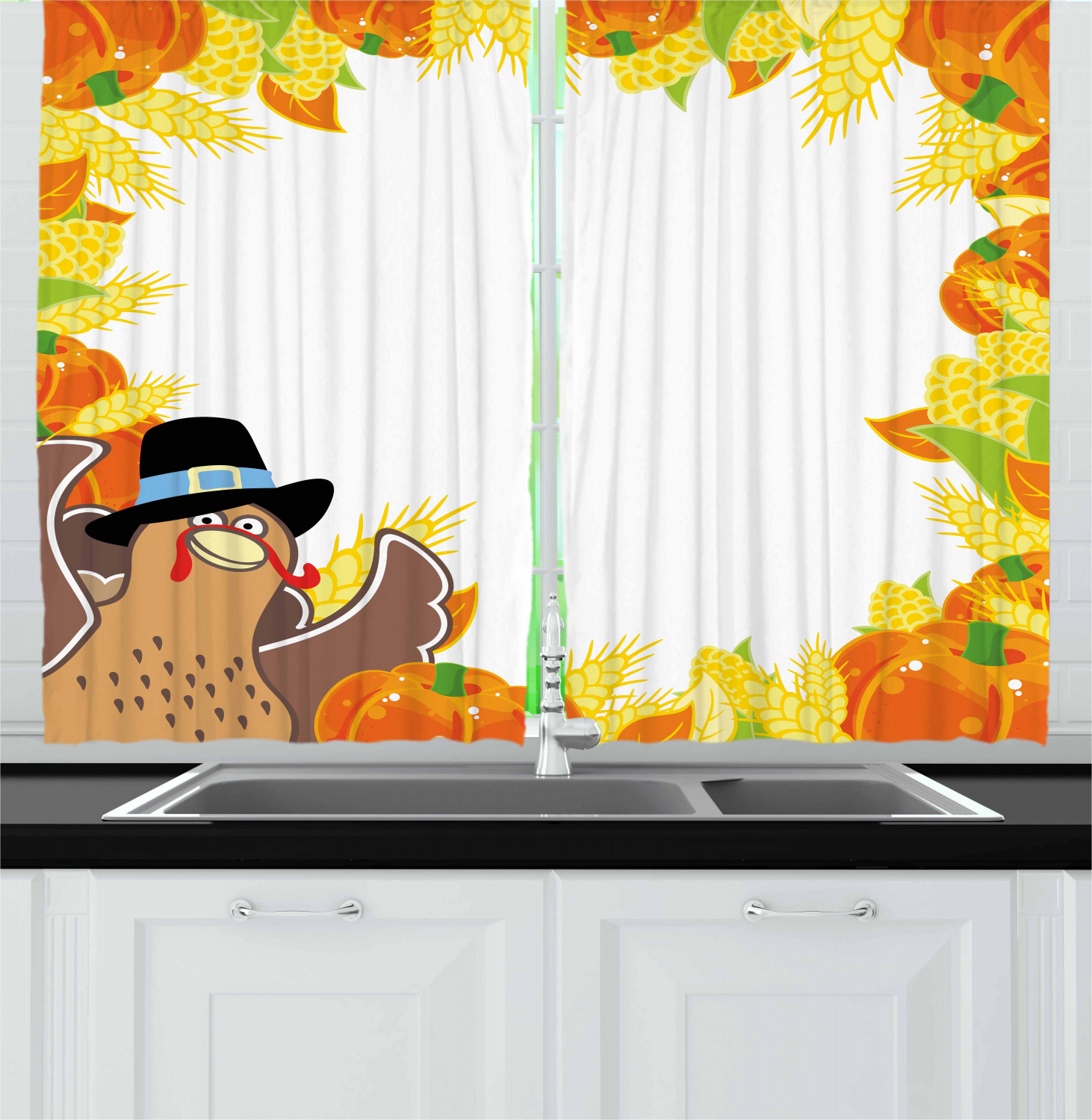 Kids Thanksgiving Curtains 2 Panels Set Fun Cartoon Drawing Corn And Pumpkin Rural Frame Harvest Season Food Window Drapes For Living Room Bedroom