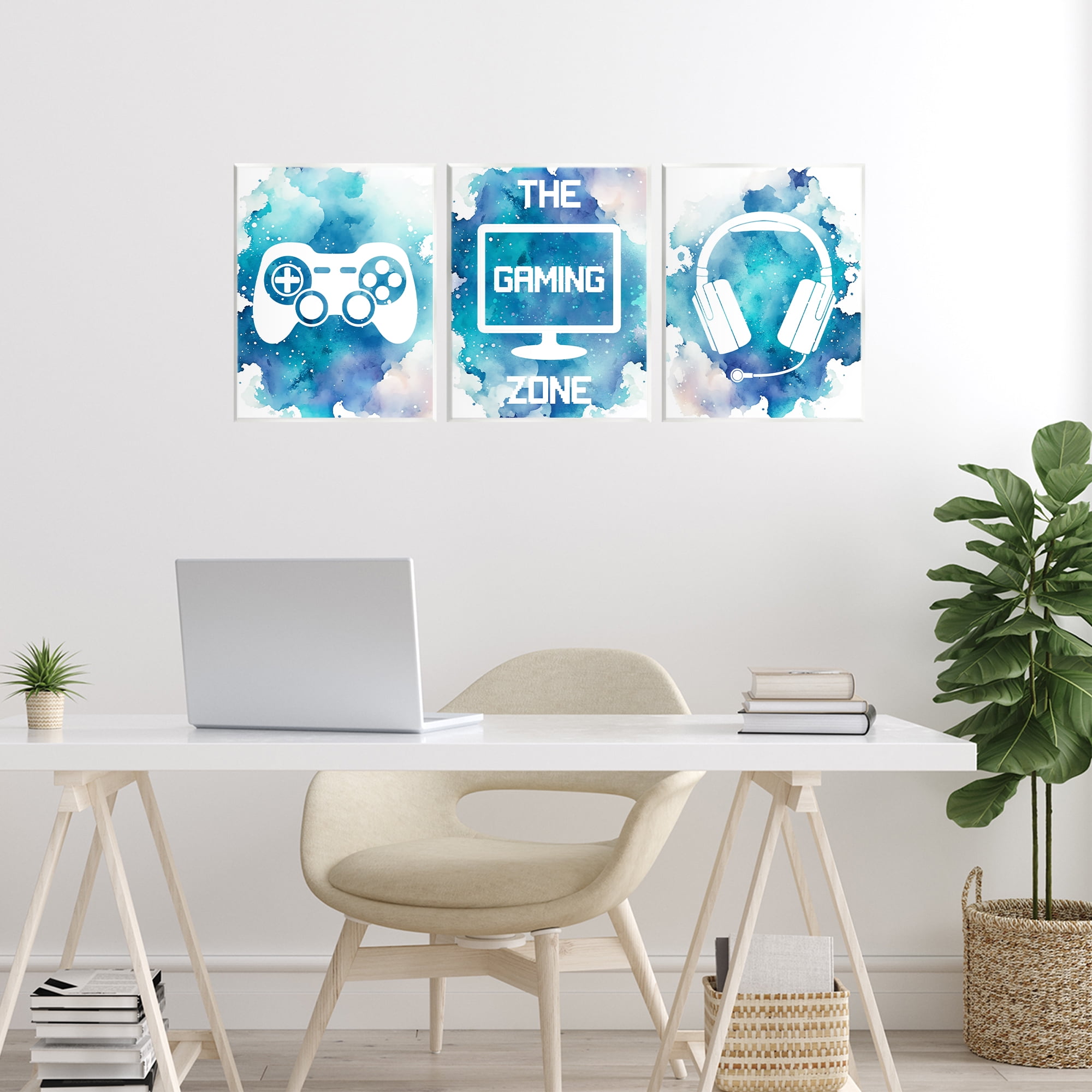 Blue Gamer Splatters 3 Piece Wall Plaque Art Set, design by Marcus Prime