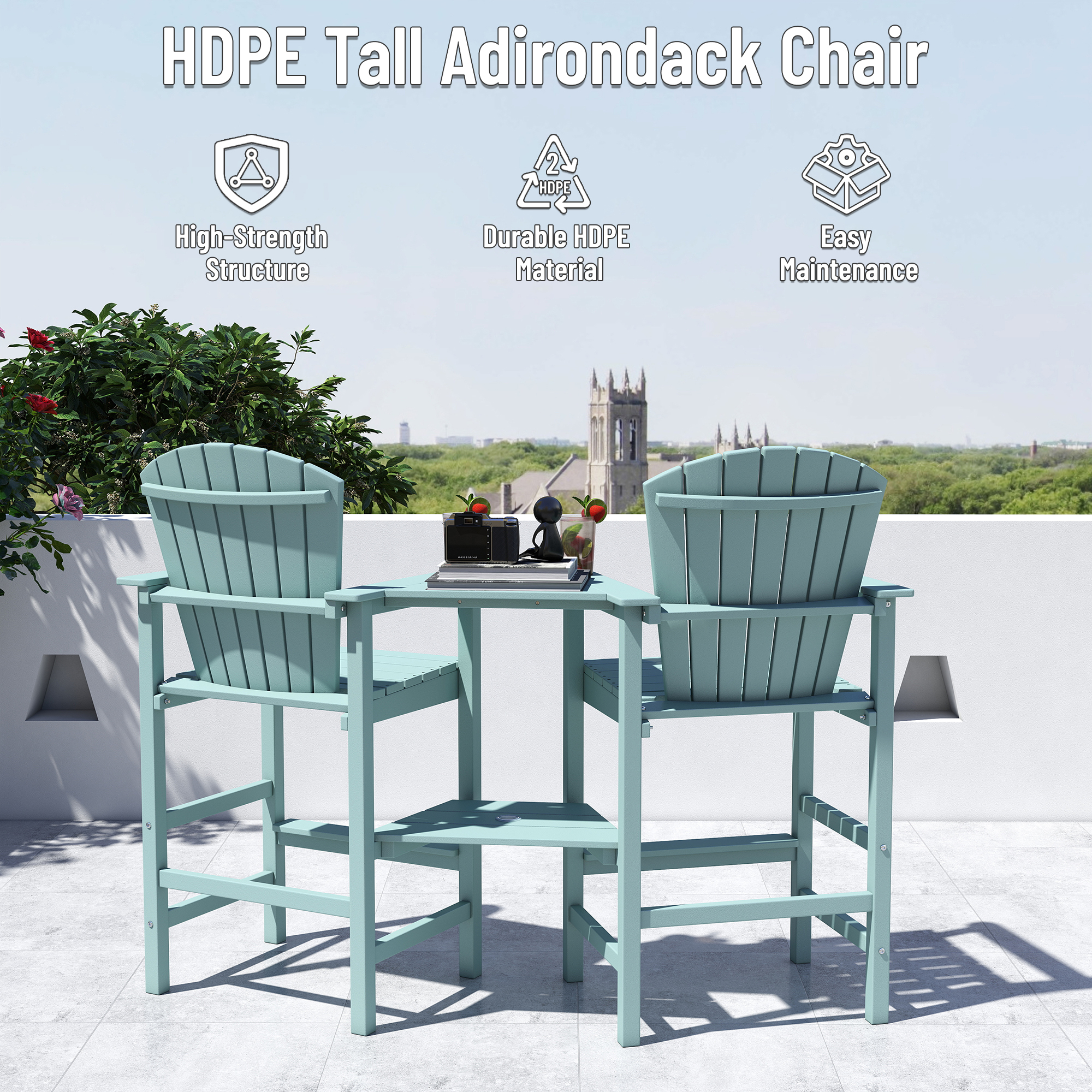 FOOWIN Tall Adirondack Chair Set of 2, HDPE All-Weather Adirondack Bar Stools with Connecting Tray, Aruba Blue