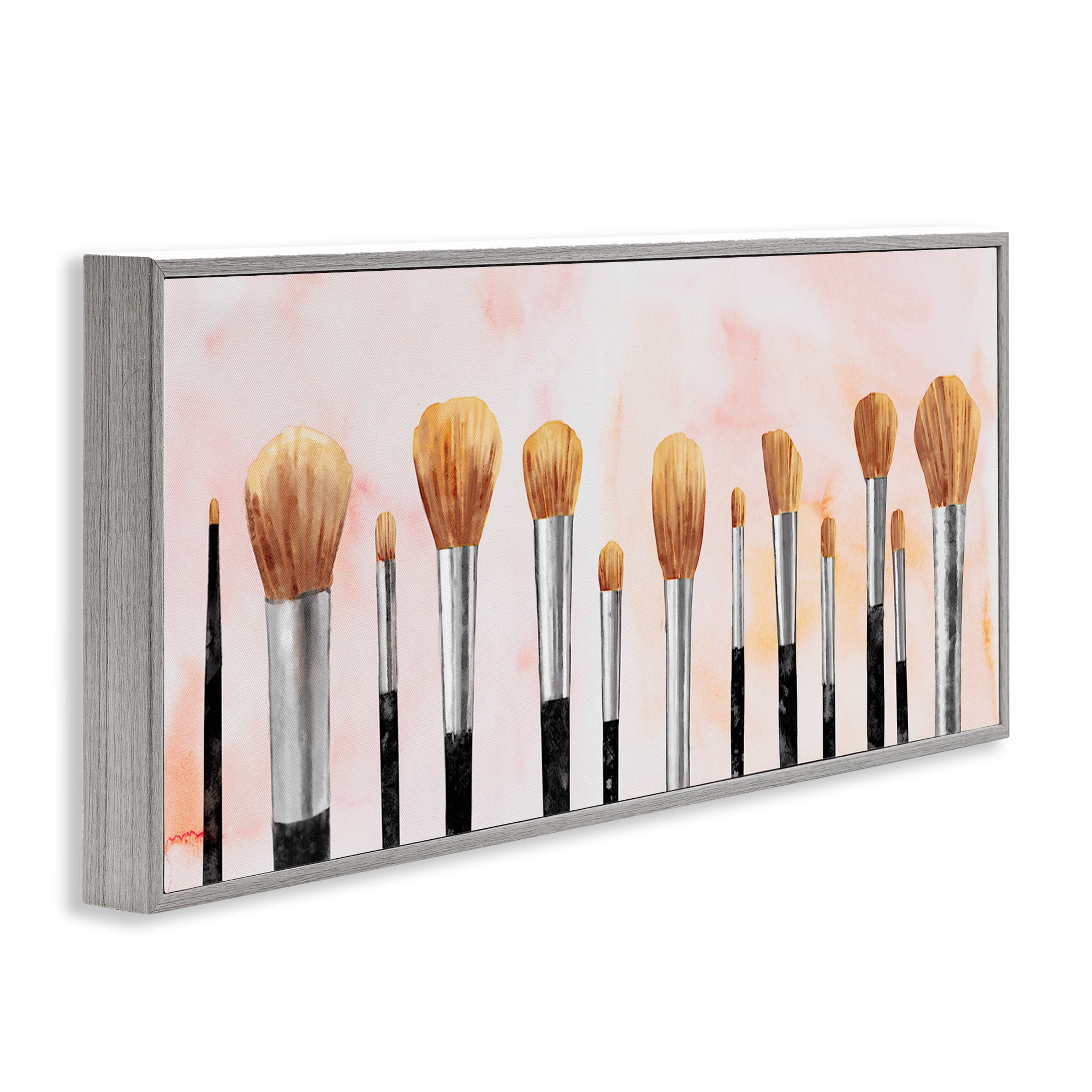 Stupell Industries Pink Makeup Brush Collection Beauty & Fashion Painting Gray Framed Art Print Wall Art, 24 x 10
