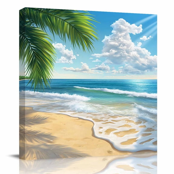 Canvas Print Wall Art Oil Paintings Summer Ocean Beach Palm Tree Picture Prints Artwork for Living Room Kitchen Bathroom Bedroom,Stretched and Framed Ready to Hang,Tropical Coastal Scene