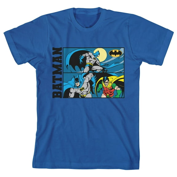 Batman Core Stacked Characters Youth Boy's Royal Blue T-Shirt-Small