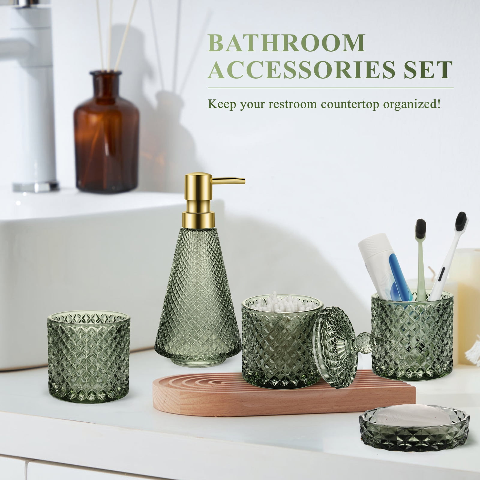 FOUNDLDF 5Pcs Clear Glass Bathroom Accessories, Bathroom Accessories Set with Lotion Soap Dispenser, Soap Dish, Tumbler, Cotton Swab Jars, Green