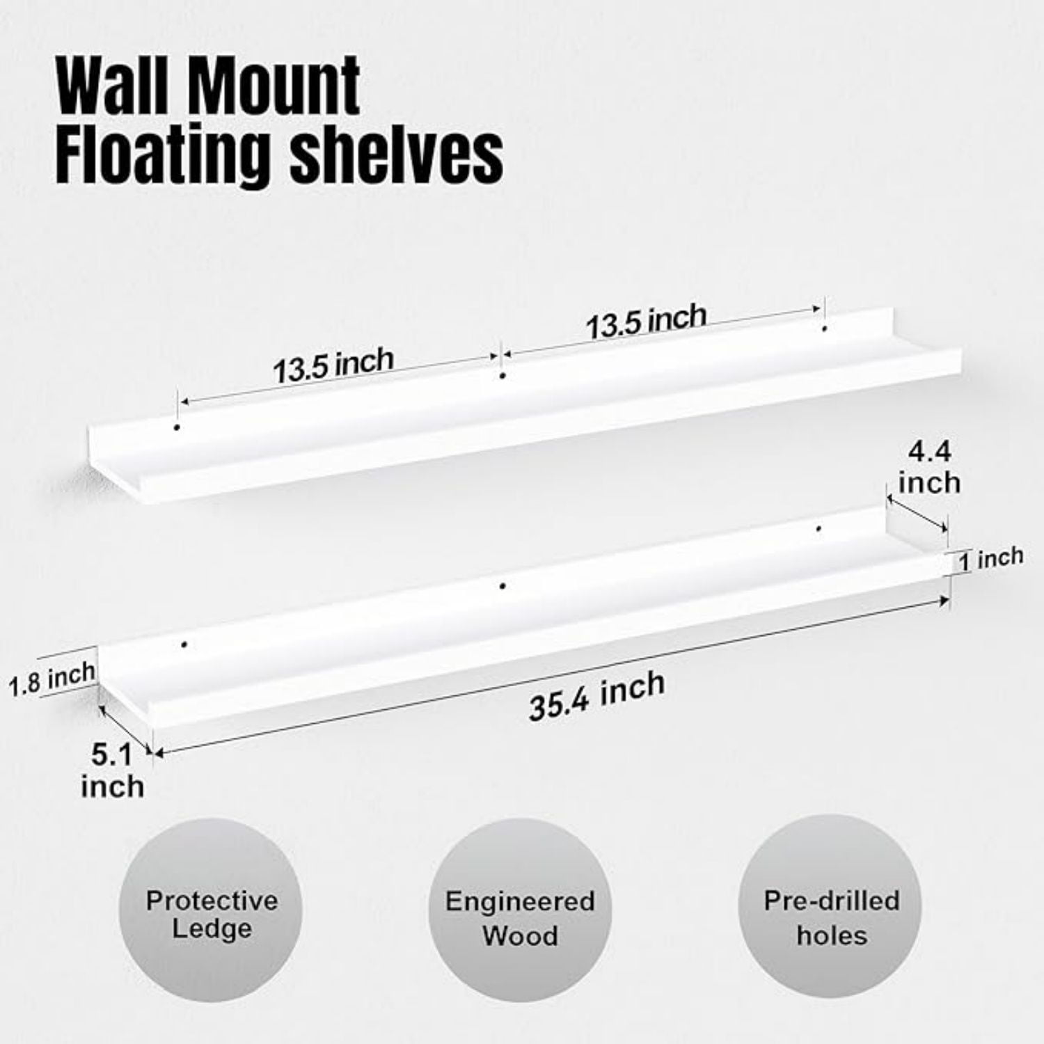 36 Inches Long Floating Shelves Wall Mounted, 2 Set Mod White Wall Shelf for Bedroom, Nursery Book Shelf with Lip, Picture Ledge Shelf for Wall D r Living Room Bathroom Kitchen - White