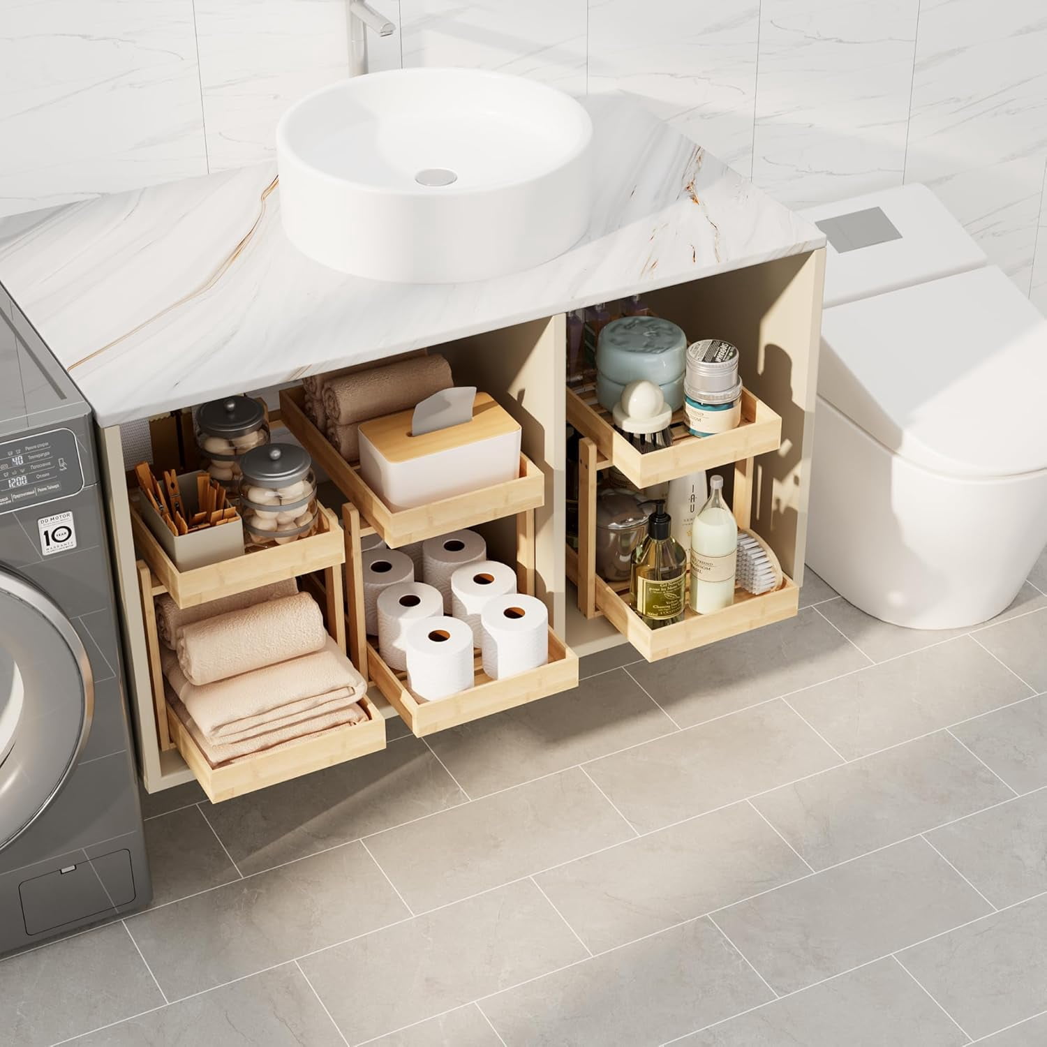 Under Sink Organizer, Bamboo Wooden 2-Tier Pull-Out Storage with Sliding Drawers for Kitchen and Bathroom Cabinets, Easy Installation