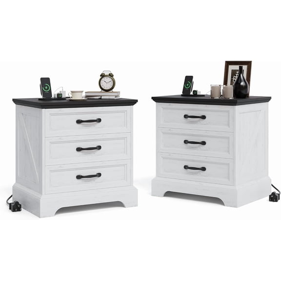 2-Pack Nightstand with Charging Station 3 Drawers and Open Shelf Modern Farmhouse Style 24.8In Wide for Bedroom White