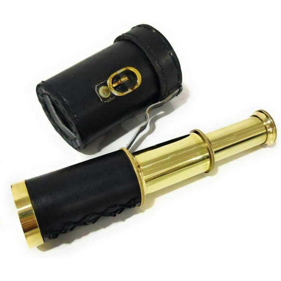 6" Brass Handheld Telescope with Wooden Box - Pirate Navigation with Anchor Wooden Box
