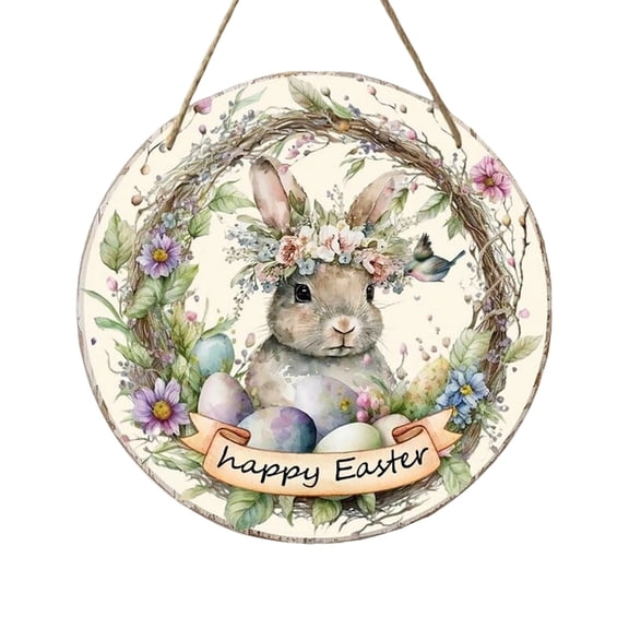 Round Wooden Hanging Sign with Bunny Floral Print Hello Lettering Rustic Wall Decor for Indoor Outdoor Use