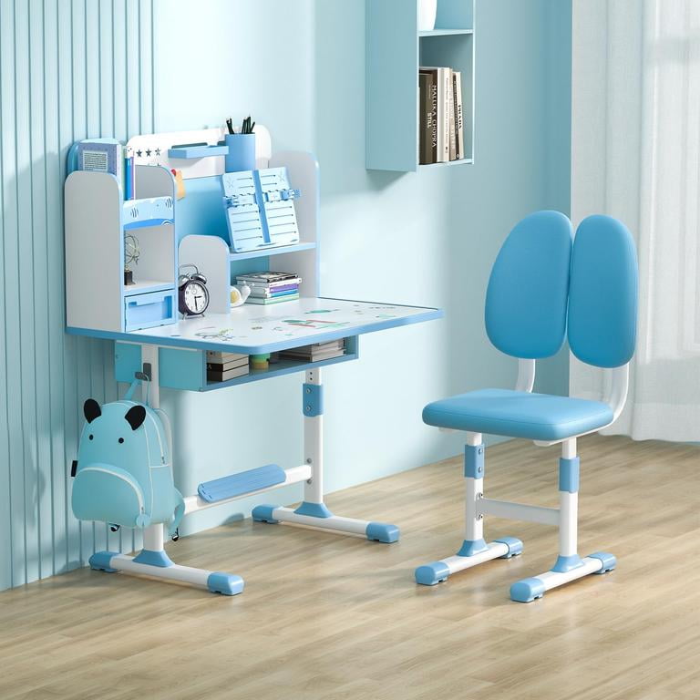 YNCE Kids Desk and Chair Set, Height Adjustable Kids Desk with Storage Drawers and Bookshelf, Ergonomic Desks for Kids, Curved Desktop Reading Writing Table (Blue #1)