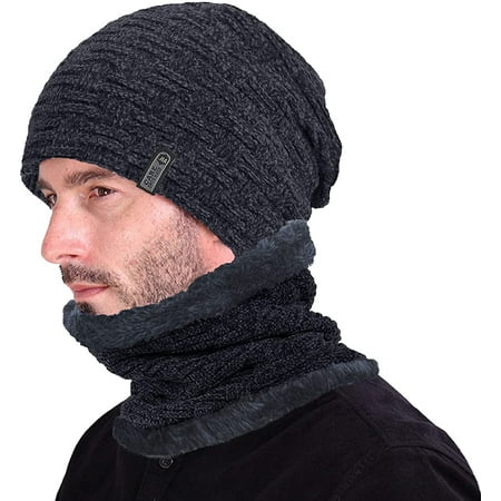 ULSTAR Winter Hat Neck Scarf for Men, Knitted Fleece-Lined Beanie Cap ...
