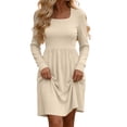 thumbnail image 2 of Tumotour Plus Size Fall Dress for Women's Solid Color Square Neckline High Waisted A-Line Mini Dress knitted Long Sleeve Slim T-Shirt Dress, 2 of 9