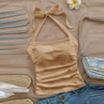 thumbnail image 2 of LangJing Tank Tops for Teens, Women's Y2k Halter Tops Open Back Ruched Striped Tie Back Sleeveless Summer Going Out Cami Tops Khaki,XXL, 2 of 6