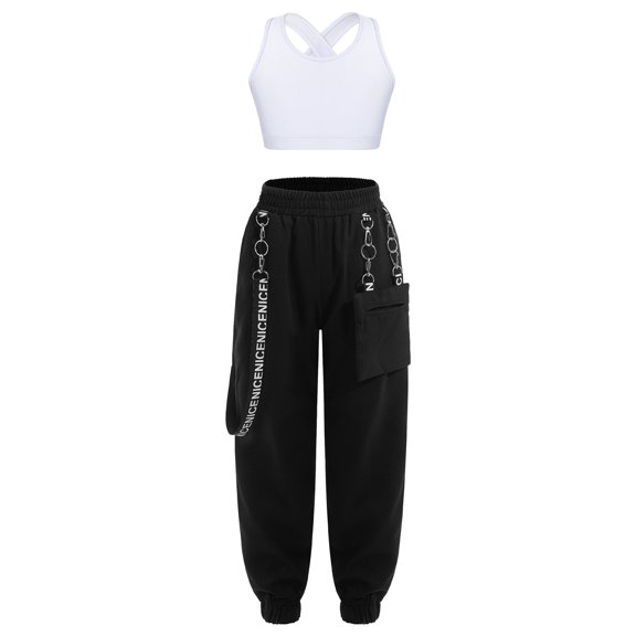 Sinleey Girls Hip Hop Dance Outfits Crop Tops with Chain Sweatpants Set Street Dance Outfits Active White 12