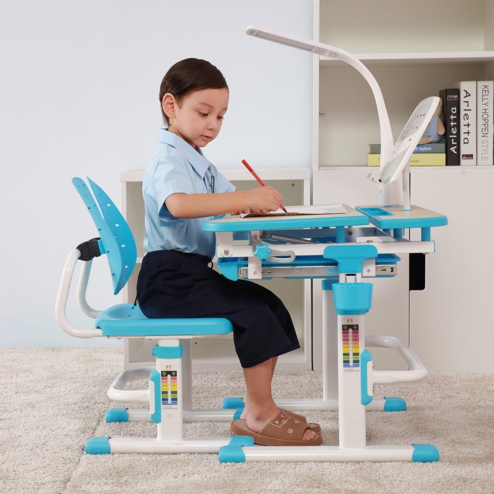 Galileo Children s Multi Functional Ergonomic Height Adjustable Desk Chair Set LED Lamp Book Holder Accessories Included Bundle Deal Blue Walmart