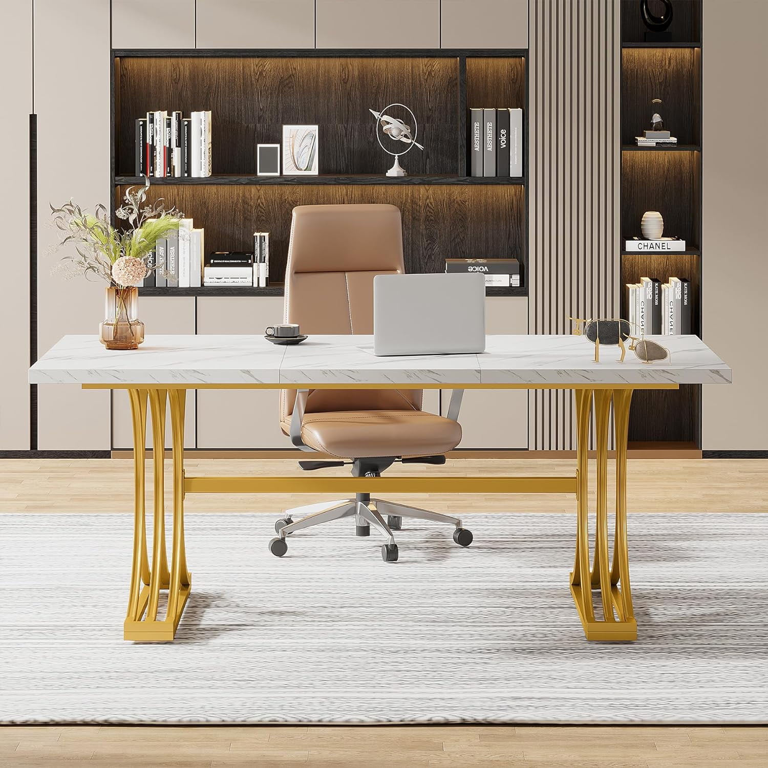 Tribesigns 63'' Executive Desk, Modern Computer Desk with Faux Marble Tabletop, and Stylish Metal Legs