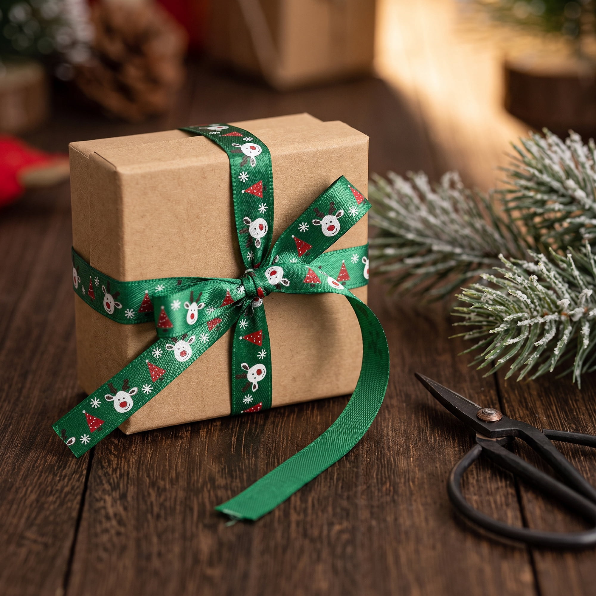 Unique Bargains Vibrant Cartoon Ribbon for Gift Wrapping Green Reindeer Pattern 5.5 Yard