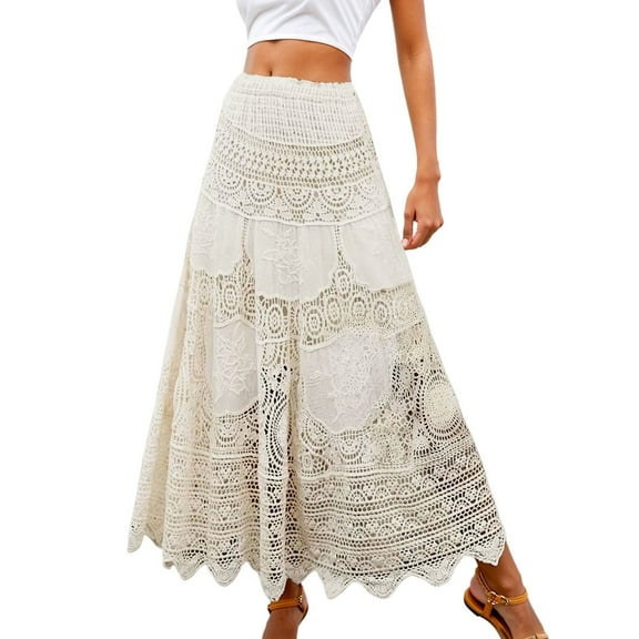 Fgnfyis Women's Beach Boho Lace Hollow Out Skirt Elegant Crochet Hem Casual Summer Flowy Skirt for Daily Wear and Holiday Party Long Skirts for Women Beige One Size