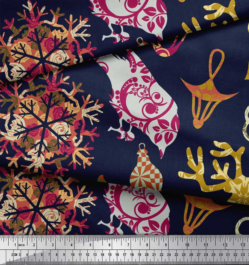 Soimoi Blue Poly Georgette Fabric Reindeer,Oranaments & Tree Christmas Decor Fabric Printed Yard 52 Inch Wide