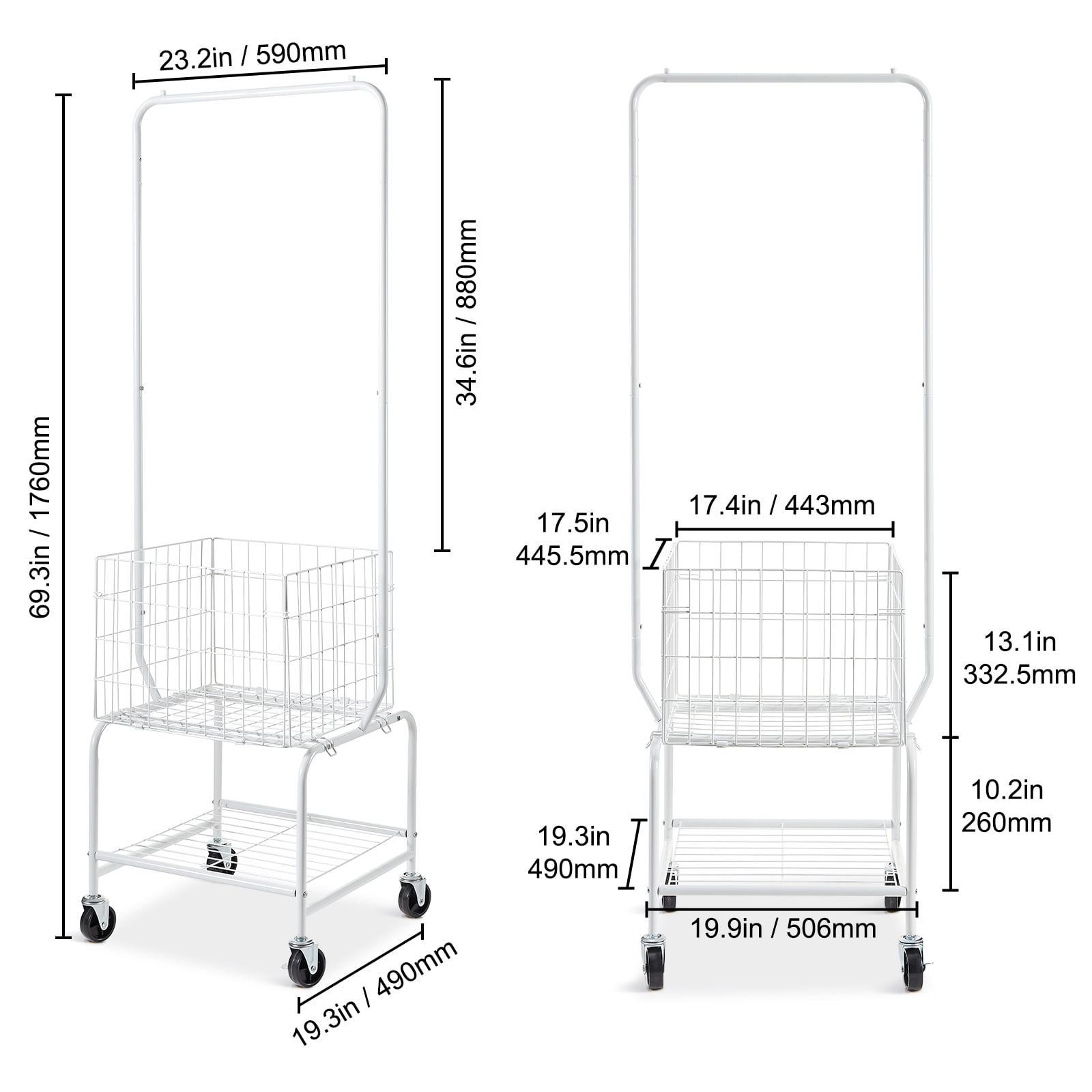 KFFKFF Laundry Cart, Laundry Basket with Wheel and Adjustable Clothes Hanger, Height Adjustable Laundry Butler with Basket