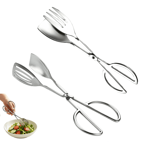 Set of 2 salad tongs, buffet tongs, stainless steel kitchen tongs, suitable for baking, cakes, buffets, pasta, restaurants, and home kitchens; dishwasher safe