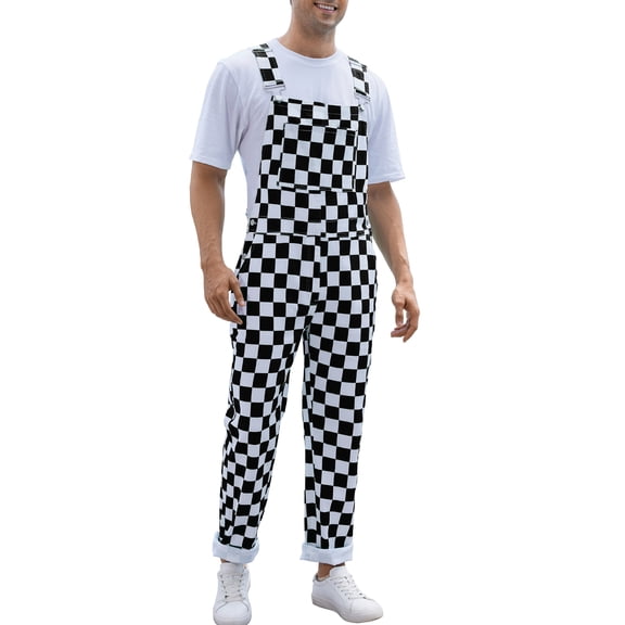 Checkered Pants Mens Overalls Bib Coveralls Cute Stretch Jeans Jumpsuit(Black and White Checkered,L)