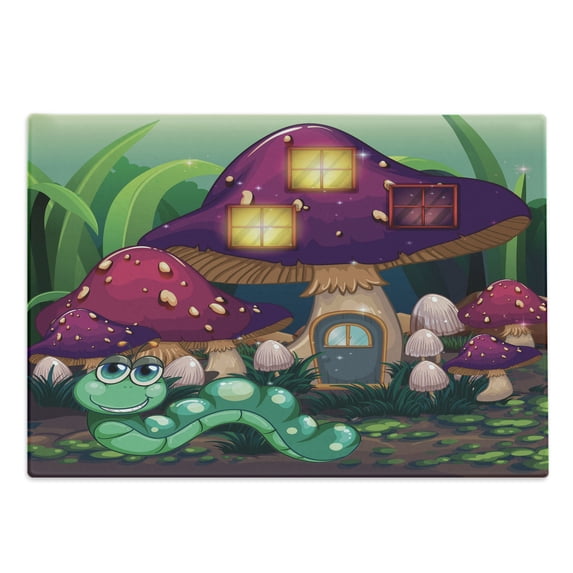Mushroom Cutting Board, Illustration of a Long Worm near Mushroom Houses Fictional Little Creatures, Decorative Tempered Glass Cutting and Serving Board, Large Size, Multicolor, by Ambesonne