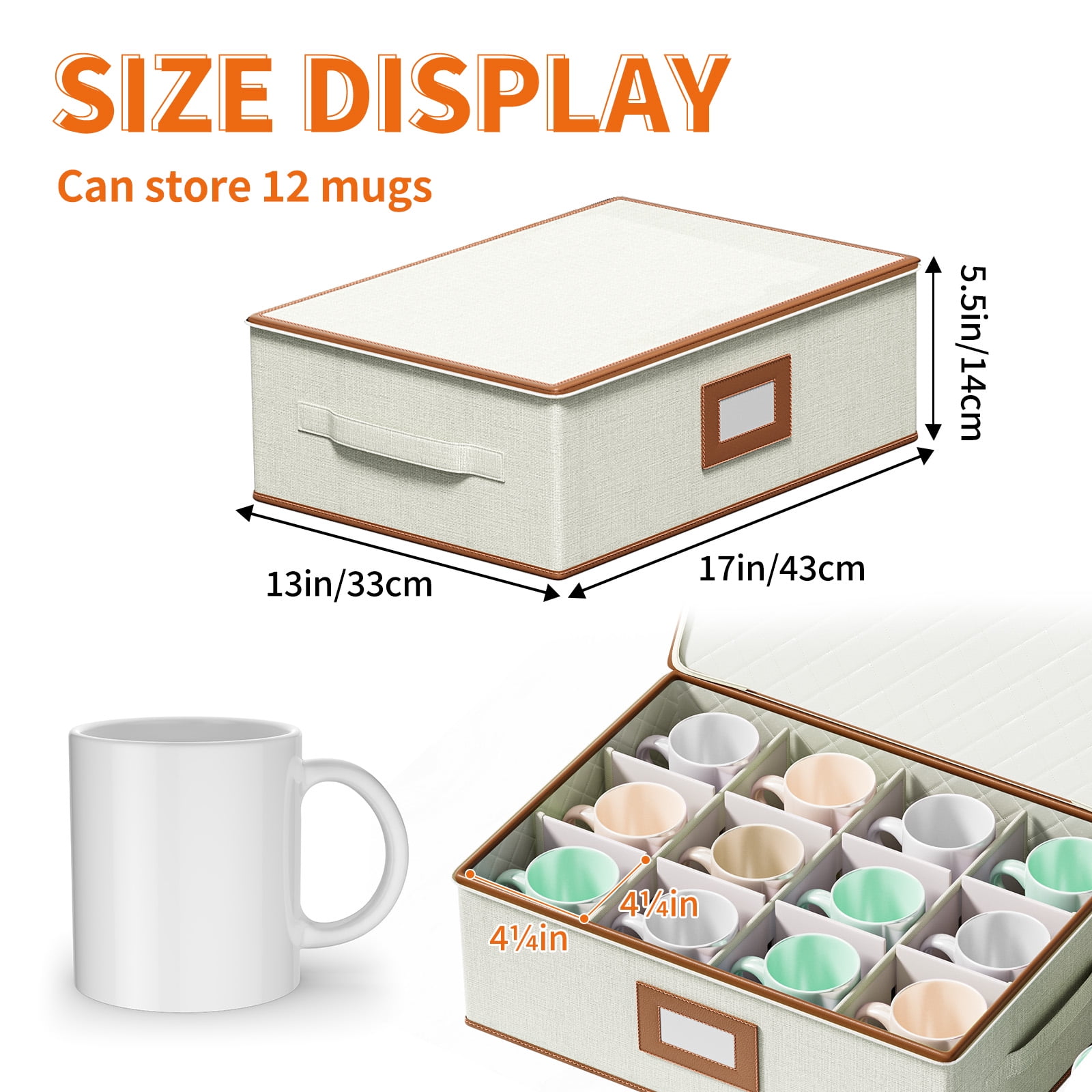 Aokeyee 2 Pack Cup and Mug Storage Box Hard Shell Holds 24 Coffee Mugs Glasses Stackable Organizers with Lid Handles Zippers Label for Moving Ivory
