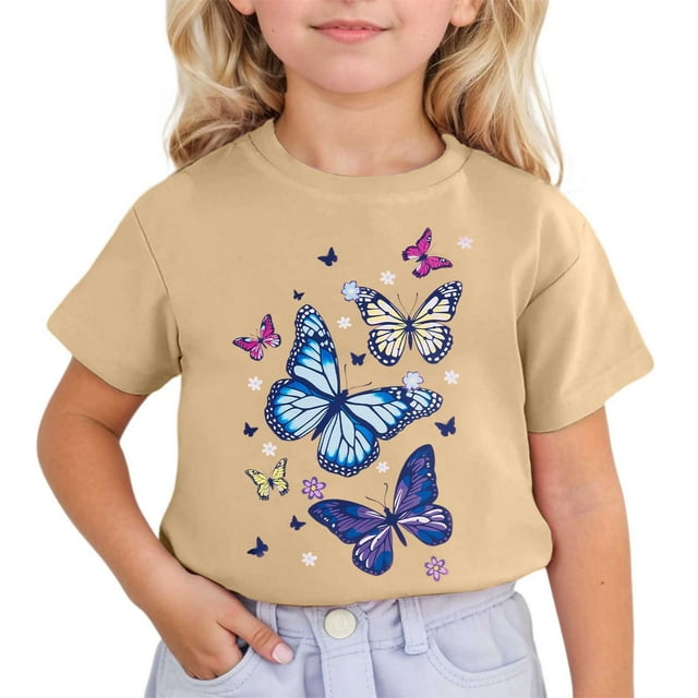 GDREDA Vêtements pour Filles Enfants Mignon Imprimé Manches Courtes Col Rond T-Shirt Manches Courtes Hauts Kaki, 8-9 Ans