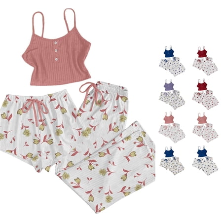 JAJAHO Cami Pajamas For Women 3 Piece Set Ribbed Crop Top With Drawstring Shorts And Pants Spaghetti Strap Sleepwear