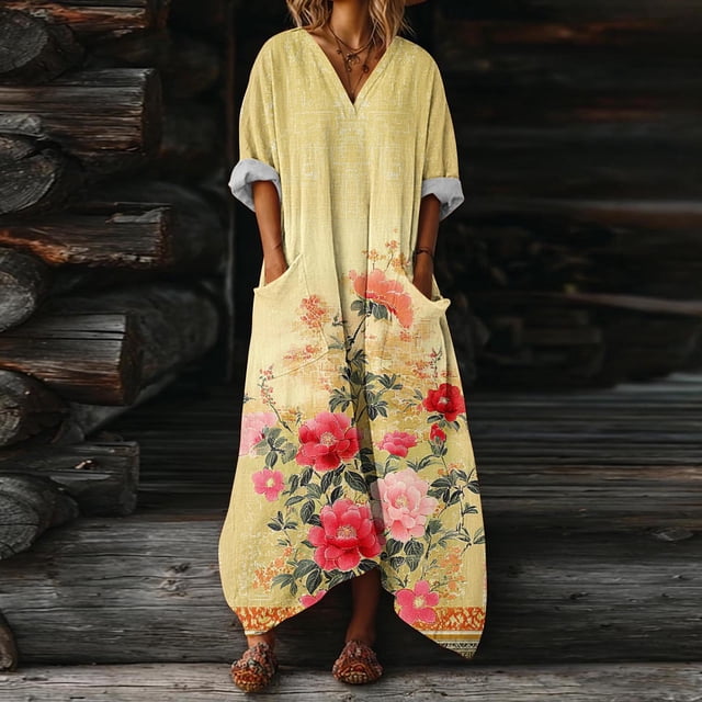 Elvqul Robes pour Femmes Robes Maxi à Enfiler Manches 3/4 Été Jaune Poches Boho Robe Débardeur pour Femmes Col en V