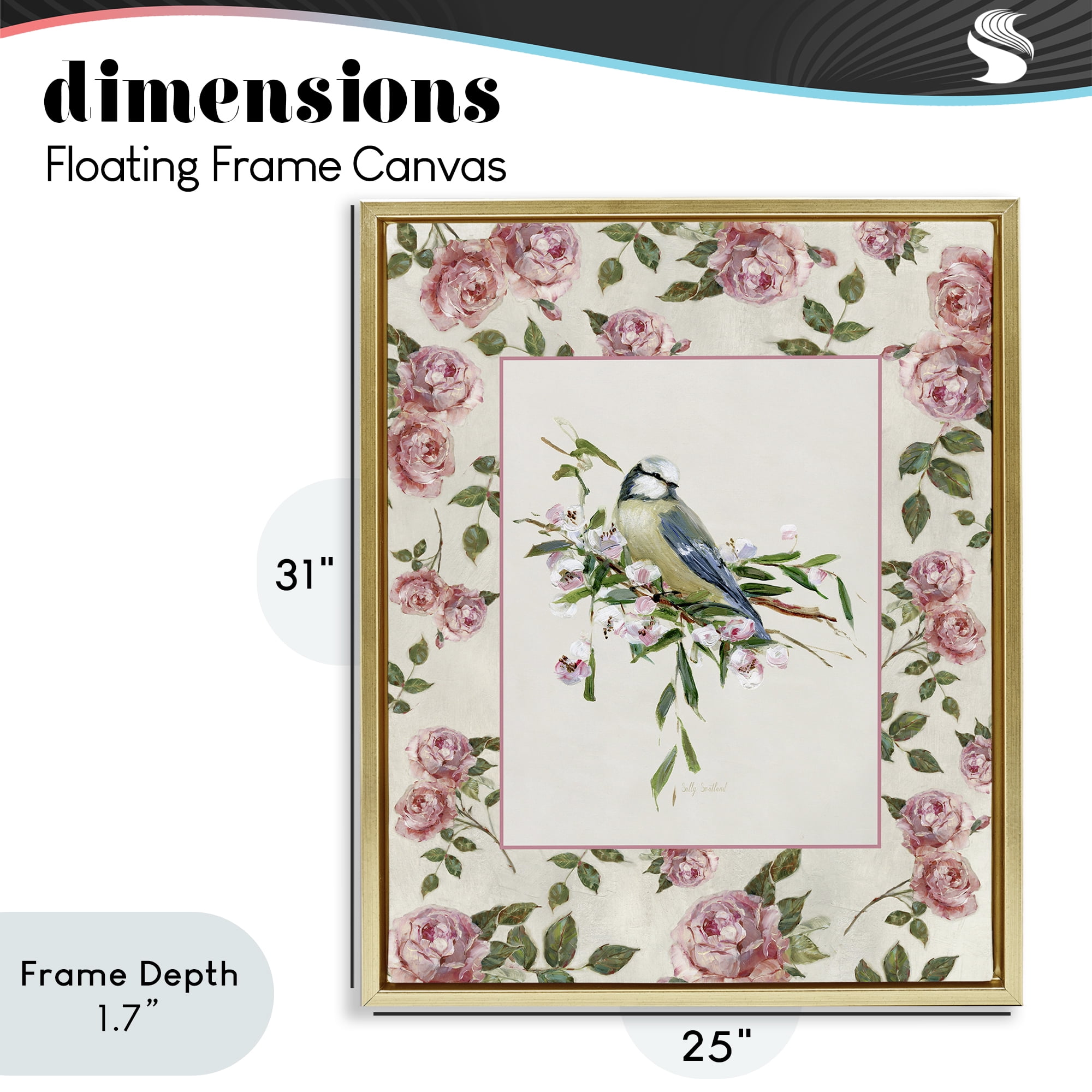 Stupell Industries Dainty Roses & Perched Bird Gold Framed Floater Canvas Wall Art, design by Sally Swatland