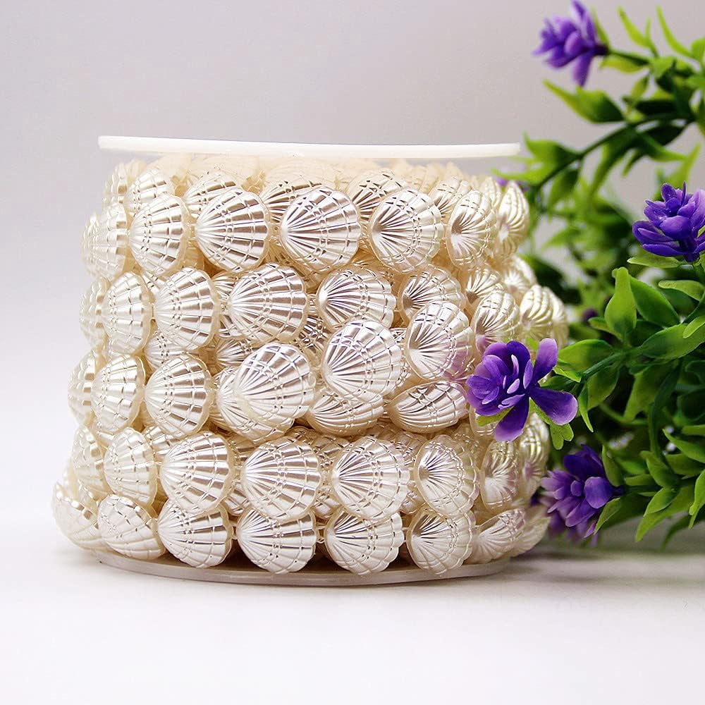 30 Feet 17mm Sea Shell Seashells Shell Ivory Faux Pearl Beads Garland Pearl Bead Roll Strand and Fishing Line Artificial Pearls String Beads Chain Garland Flowers Wedding Christmas Tree Decoration