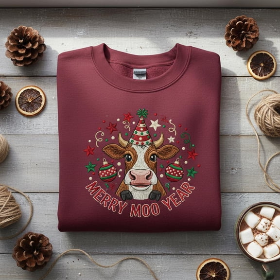 Embroidered Merry Moo Year Sweatshirt, Funny New Year Cow Party Hat Crewneck, Cattle Lover Holiday Embroidered Shirt Gift