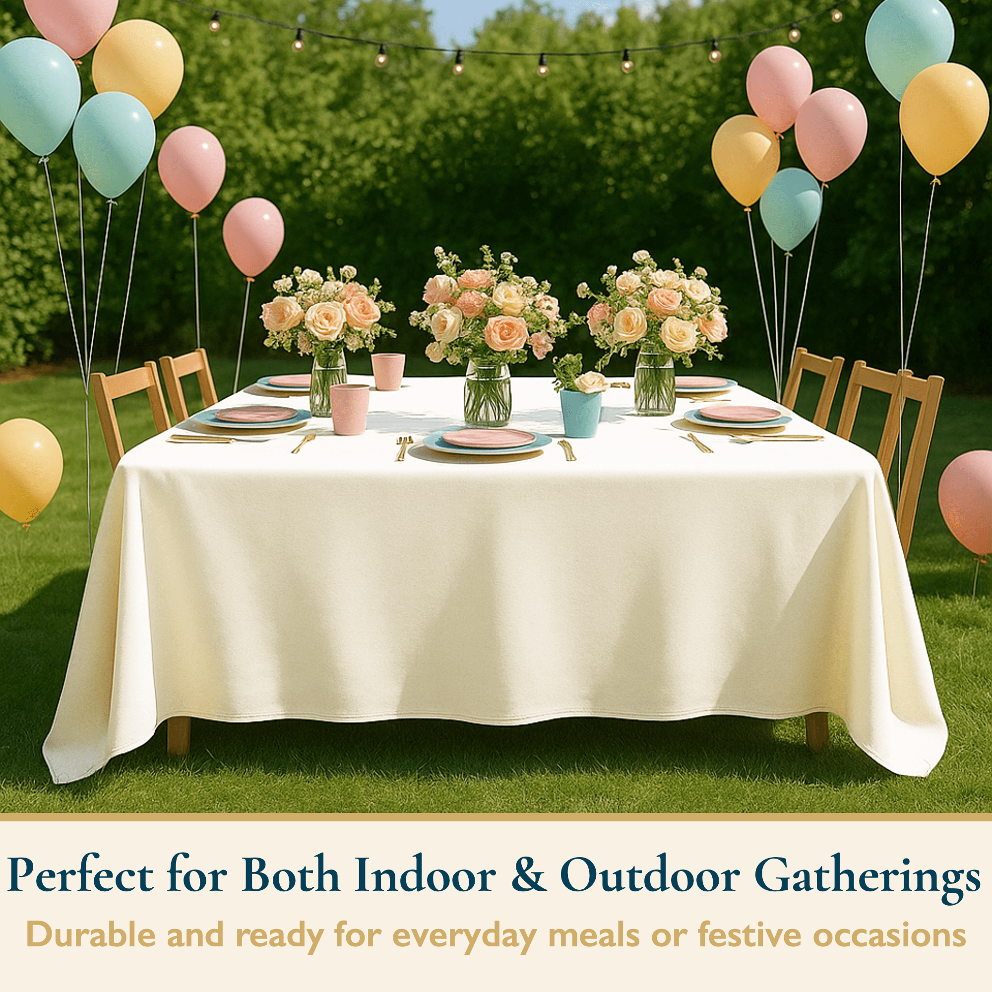 ComfiTime Tablecloth – 90 x 156 Durable Polyester Fabric Table Cover Cloth for 11-12 ft Rectangle Table, Spill/Stain-Resistant, Reusable/Washable, Indoor/Outdoor Dining/Party/Wedding/Banquet, Cream