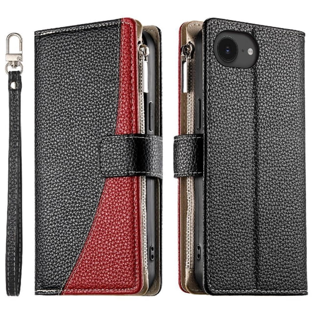 Funda cartera GANGXUN para iPhone 16e , cuero PU con tarjetero, cremallera, correa de mano, soporte y protección 985°