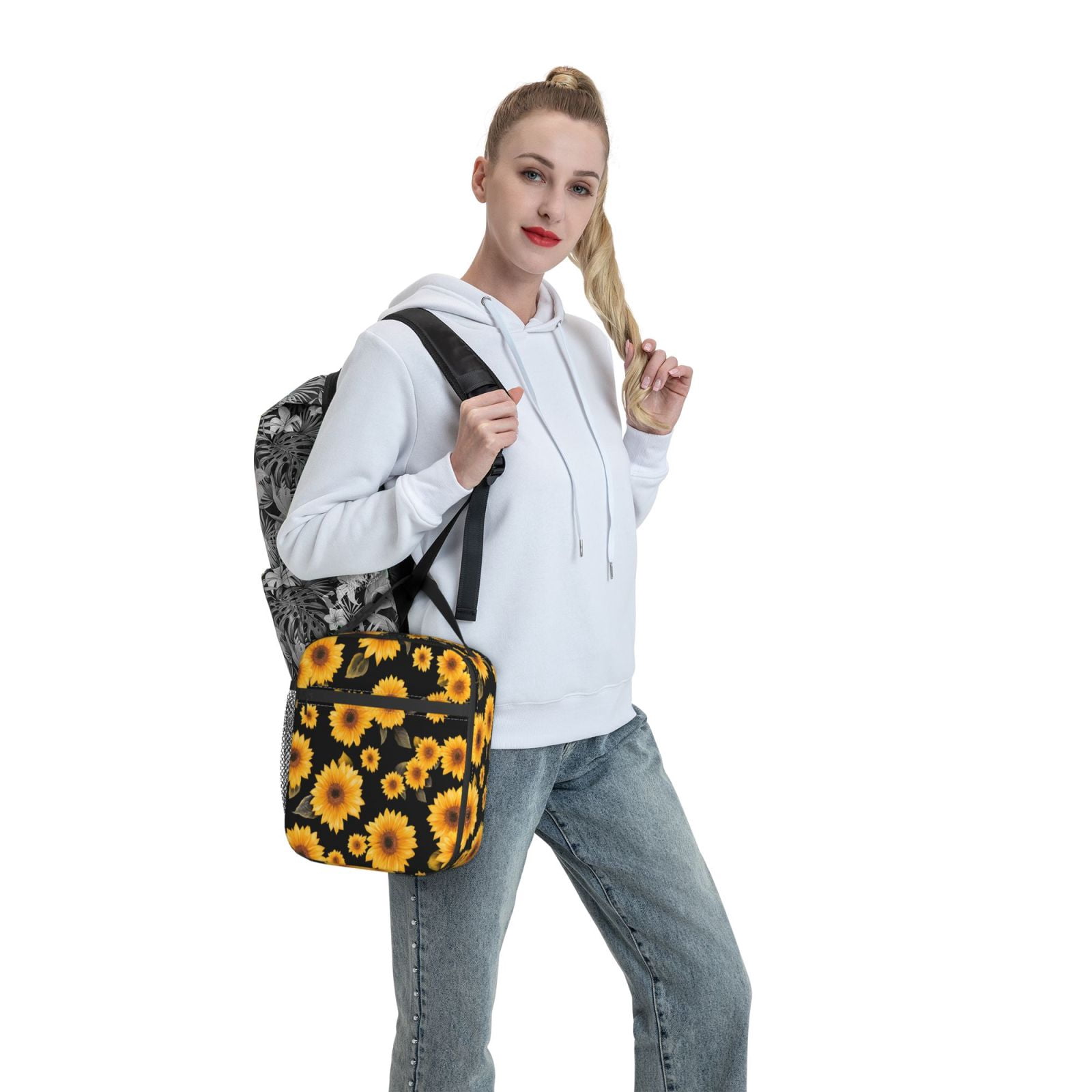 Lunch Bag For Women Men Insulated Portable Lunch Box Bento Box Office Picnic Travel Cooler Bag Yellow Sunflowers Black Background