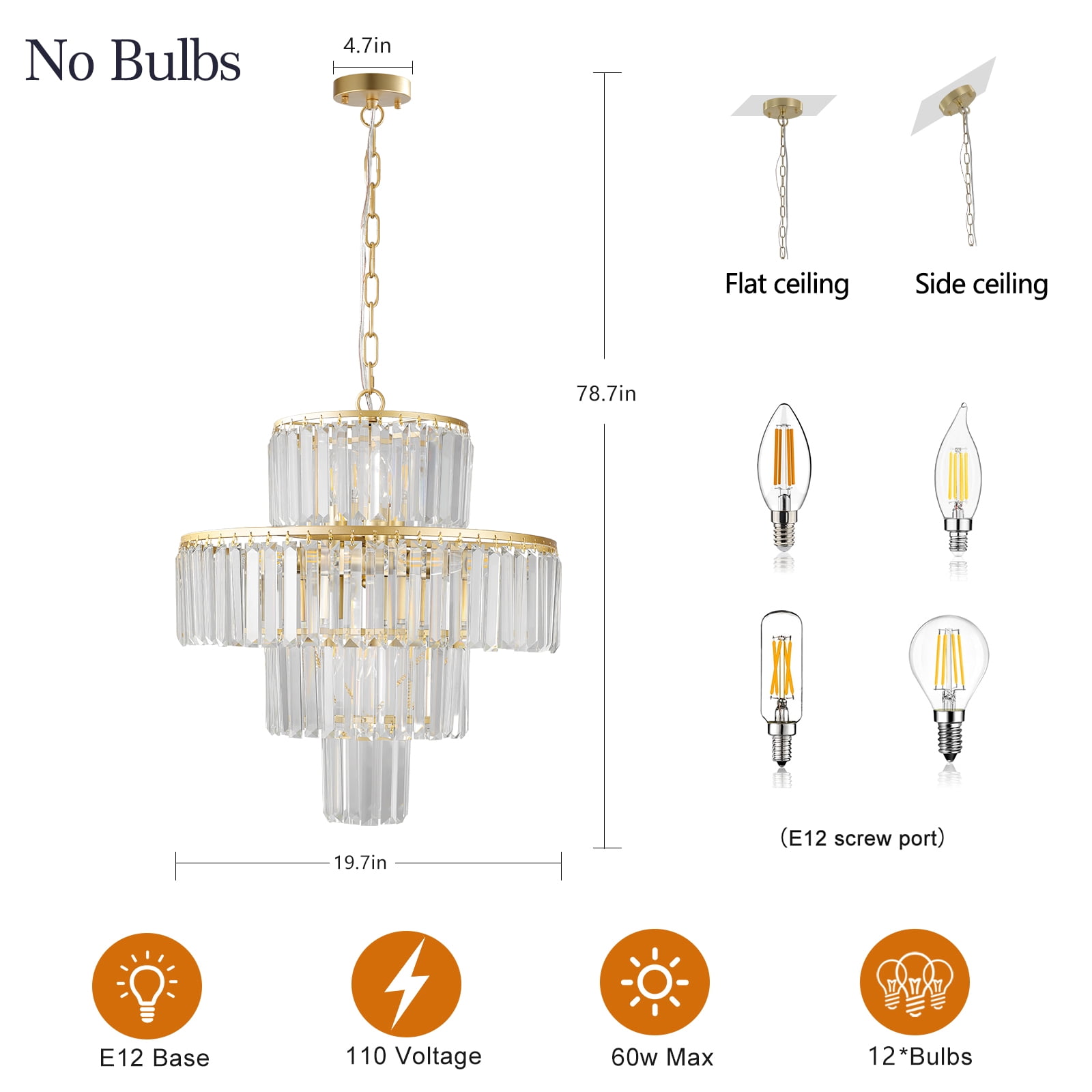 Gold Crystal Chandelier, 12-Light 4 Tiers 19.7" Crystal Light, Adjustable Hanging Metal Ceiling Lighting Fixture, Modern Foyer Dining Room Chandeliers for Bedroom,Hallway,Kitchen