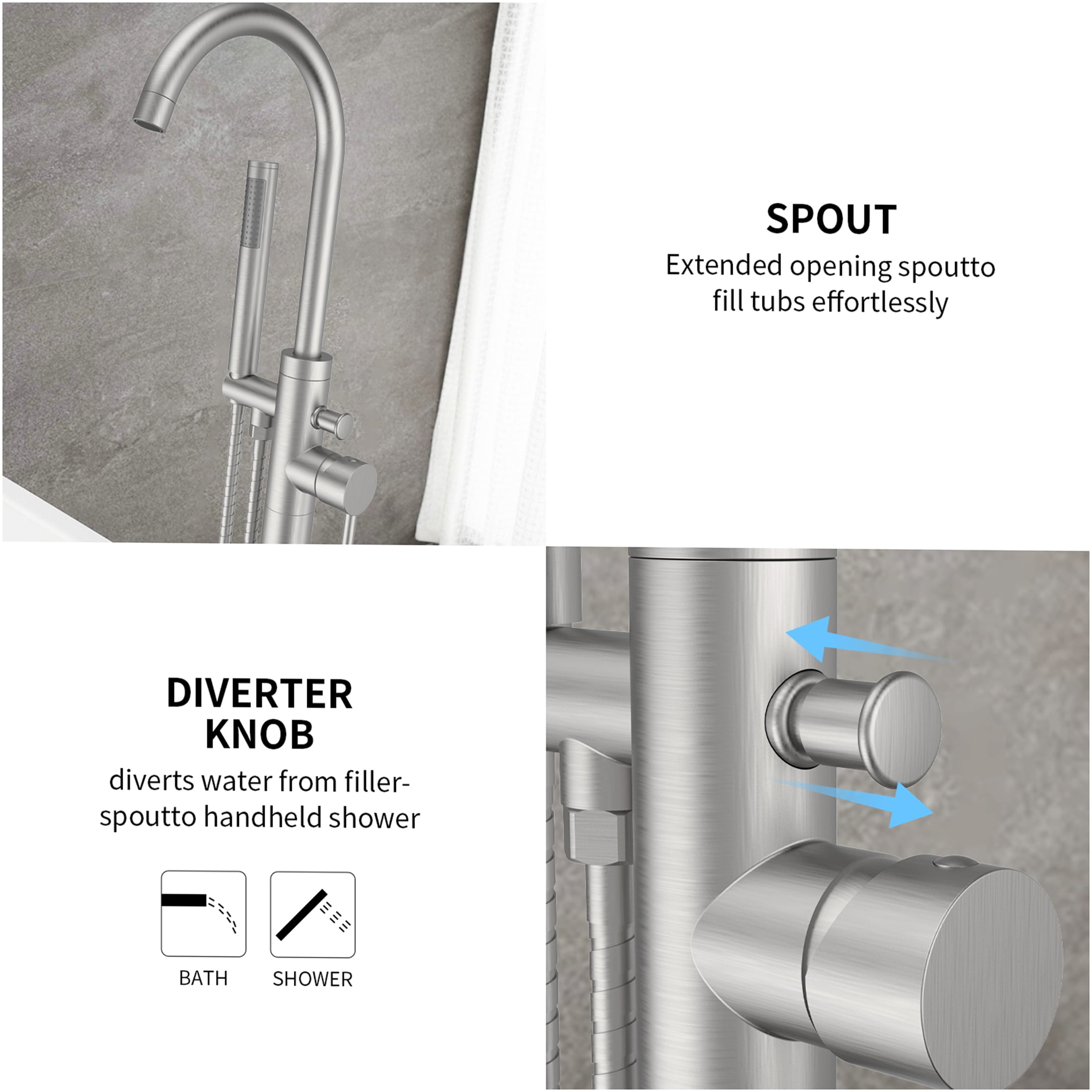 JERFIT Freestanding Bathtub Faucet with Hand Shower, Brushed Nickel Floor Mount Tub Filler, Single Handle High Flow 6 GPM, Solid Brass Core