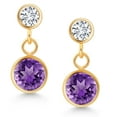 thumbnail image 2 of Gem Stone King 14k Yellow Gold Purple Amethyst and White Lab Grown Diamond Two Stone Dangle Earrings for Women (2.20 Cttw, Gemstone February Birthstone, Round 6MM, Round 3MM), 2 of 4