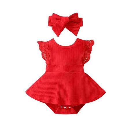 

Suanret Infants Baby Girl Romper Newborn Rib Round Neck Lace Fly Sleeve Bottom Snap Jumpsuit Bow Headband Red 0-3 Months