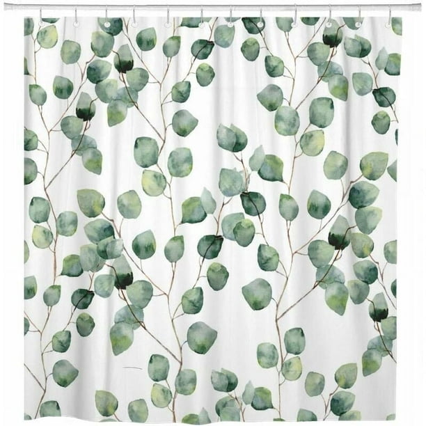 Cortina de ducha con diseño de flores verdes de acuarela, hojas de eucalipto, hojas redondas, ramas suculentas, cultivo en interiores, tela de poliéster impermeable para baño, juego de 72 x