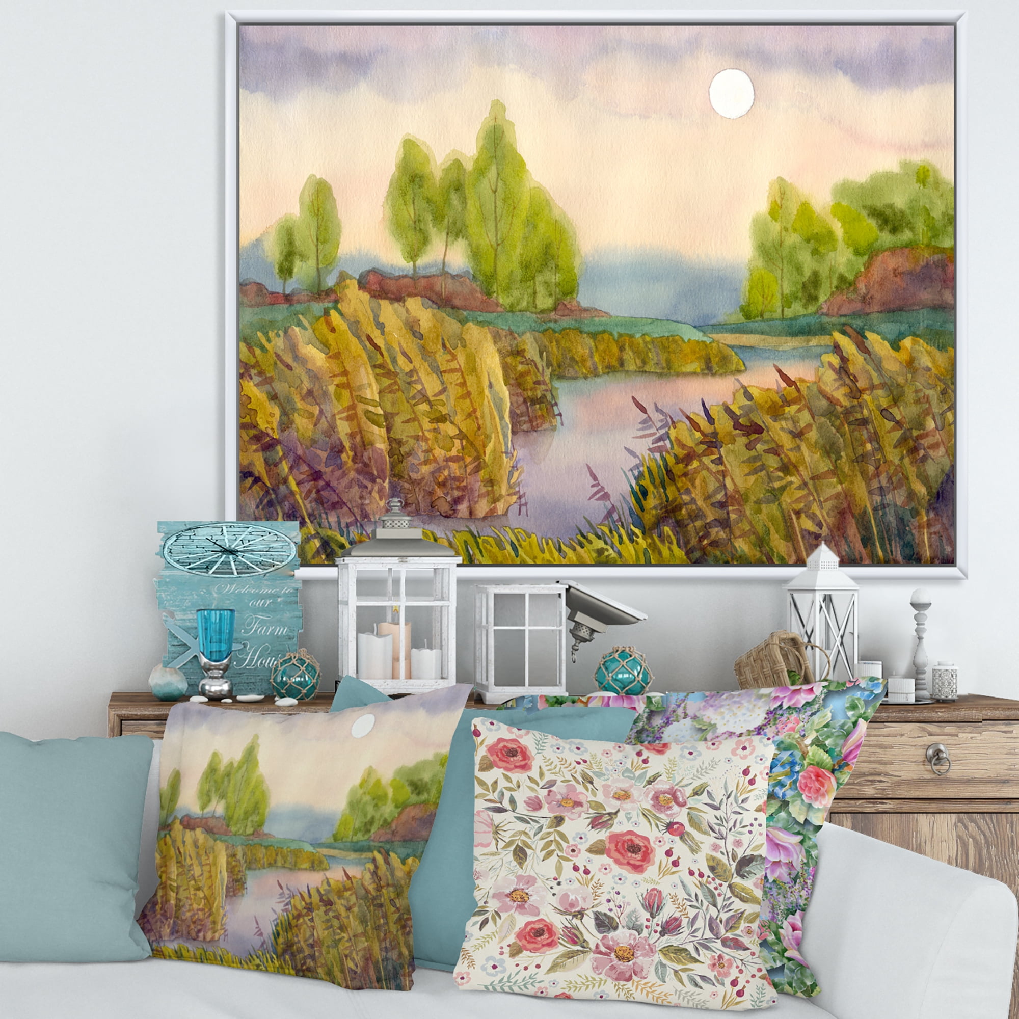 Designart 'Lake In The Reeds With Full Moon' Nautical & Coastal Framed Canvas Wall Art Print