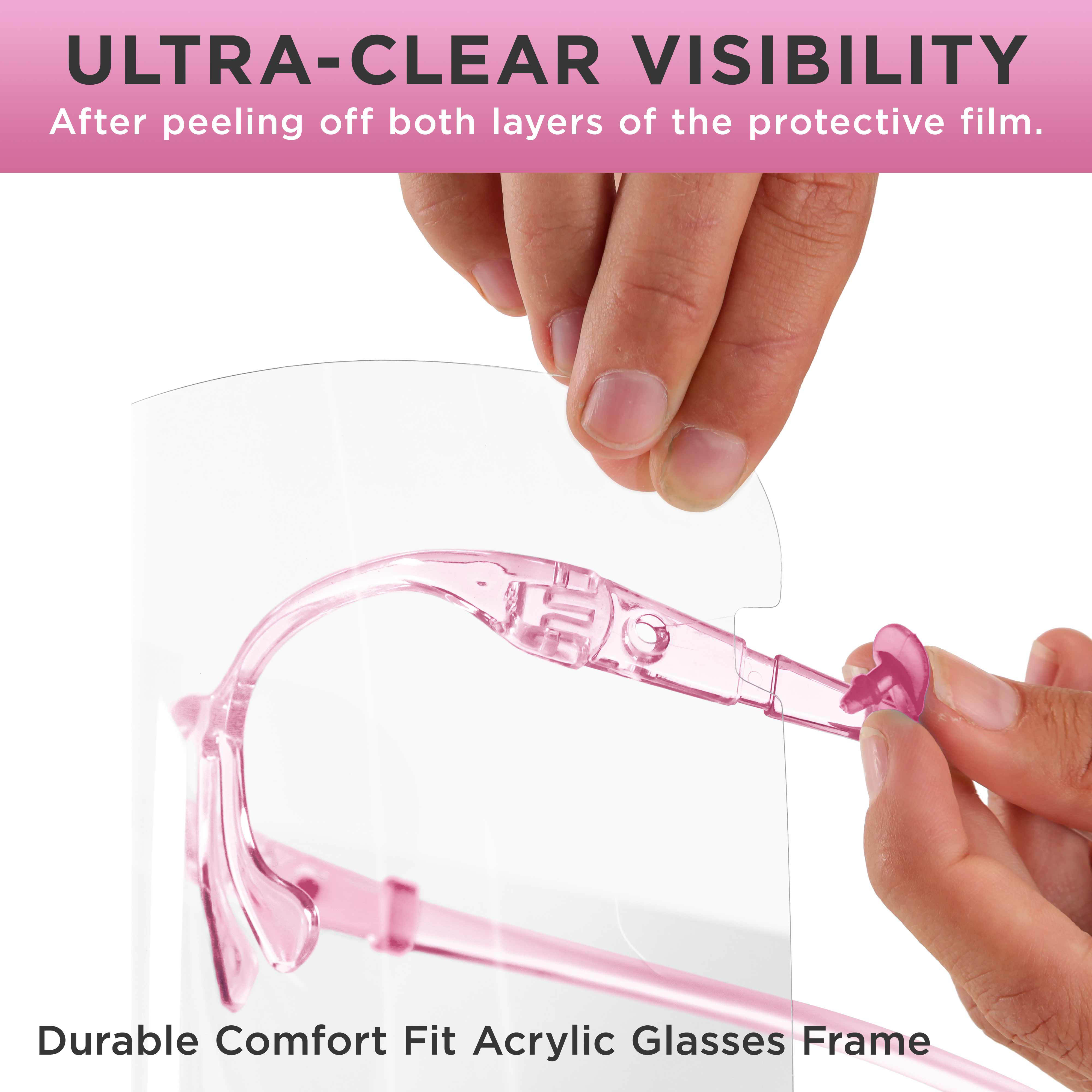 TCP Global Salon World Safety Face Shields with Pink Glasses Frames (Case of 500) - Ultra Clear Protective Full Face Shields to Protect Eyes, Nose, Mouth - Anti-Fog PET Plastic, Goggles