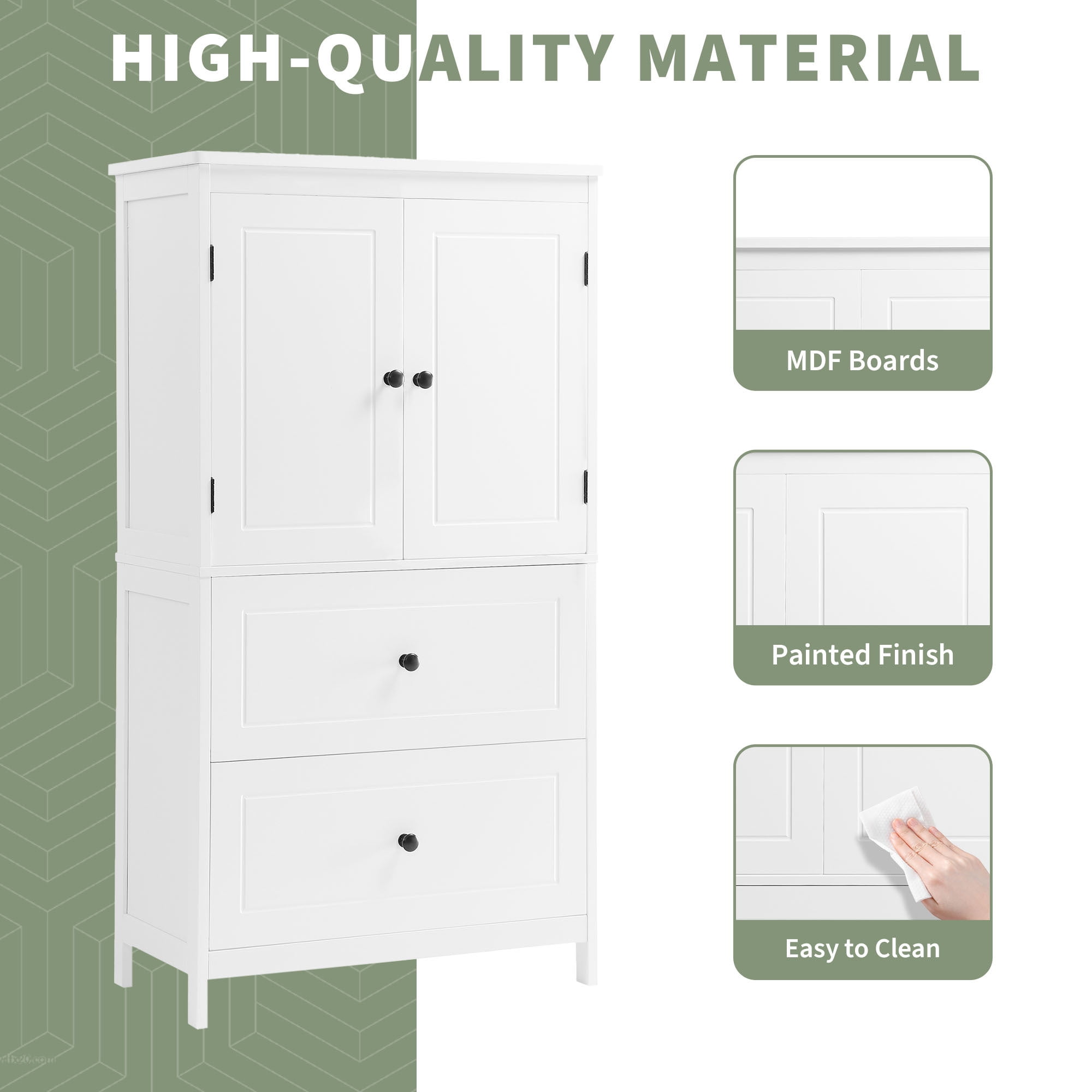 EUROCO Bathroom Floor Storage Cabinet,Bathroom Storage Unit,Freestanding Cabinet with 2 Drawers and 2 Doors,Adjustable Shelf,11.8 x 23.6 x 43.3 Inches,White