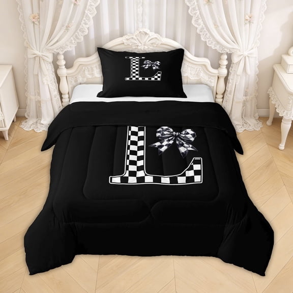 Erosebridal Checkered Bow Letter L Twin Comforter Sets for Girls, Black White Ribbon Bedding Set, Black Reversible, 2-Piece