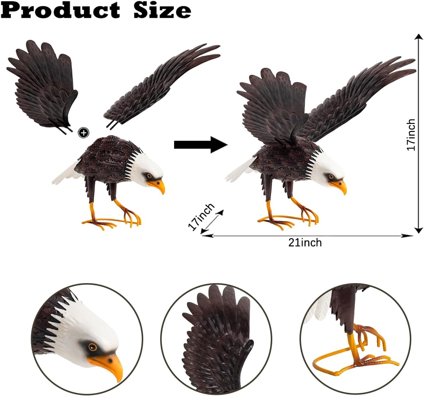 Metal Bald Eagle Large Outdoor Statues Garden Decor Sculptures Statues Outdoor Majestic America Eagle Bird Decor for Patio Yard and Lawn, 17-Inch Wide, Man Gift