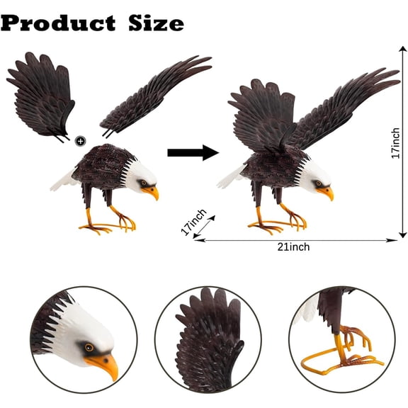 Metal Bald Eagle Large Outdoor Statues Garden Decor Sculptures Statues Outdoor Majestic America Eagle Bird Decor for Yard and Lawn, 17-Inch Wide, Man Gift