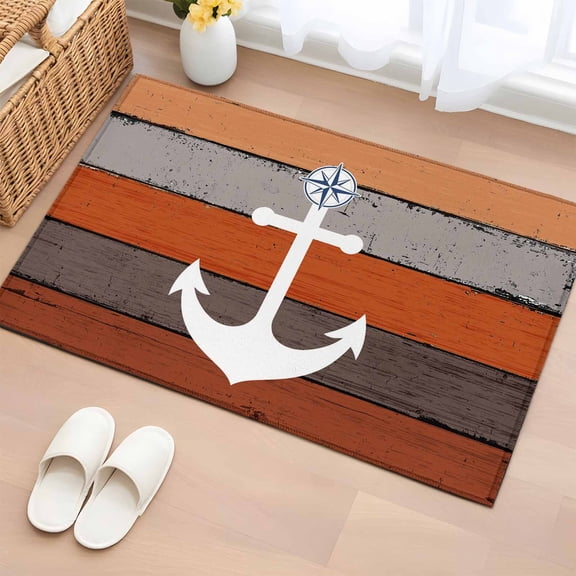 2x3 Ft Entryway Area Rug, Nautical Anchor Kitchen Rug Runner Washable Floor Mat, Vintage Orange Brown Wooden Grain Non Slip Indoor Door Mat Throw Carpet for Bathroom Living Room Bedroom